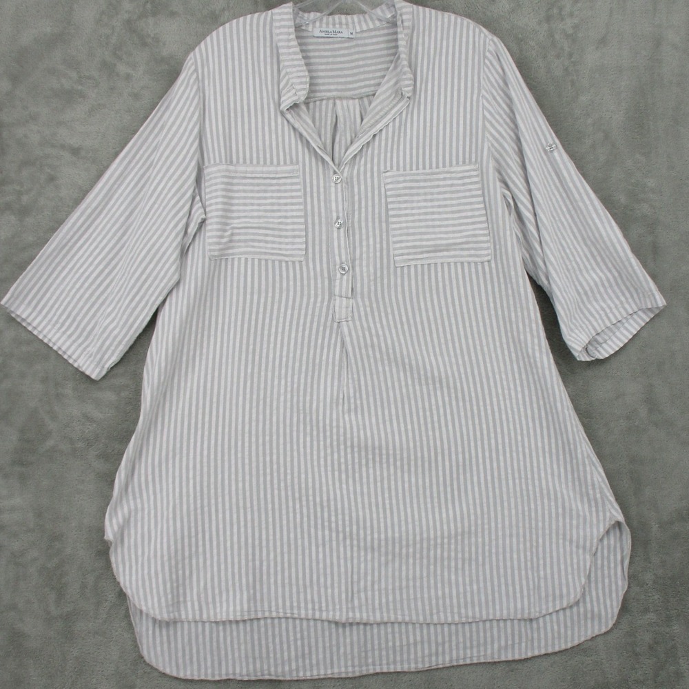 Angela Mara Blouse Womens Medium Striped Tunic Popover‎ Button Coastal Lagenlook